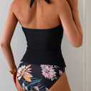 Eomenie Women's Halter Tankini Bathing Suit Ruched Tummy Control Two Piece Swimsuit with Bottom (Medium, Black Floral)