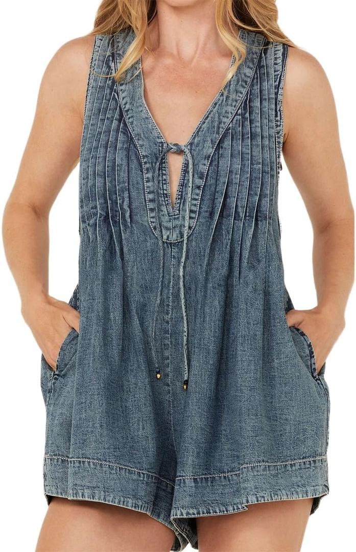 Womens Denim Romper Sleeveless Tie Front V Neck Casual Jean Overall Shorts Romper With Pockets (Blue, XL)