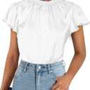 PRETTYGARDEN Business Casual Tops for Women Blouses Dressy 2026 Summer Short Sleeve Ruffle Satin Work Office Attire (White, L)