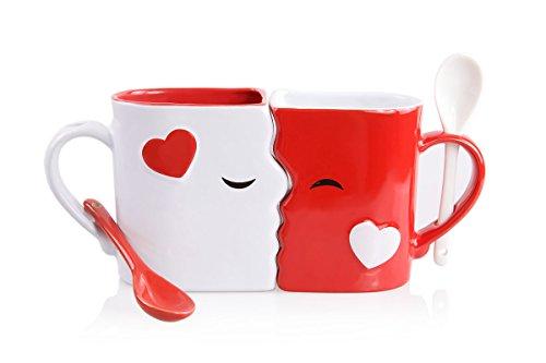 Blu Devil Kissing Mugs Set, Anniversary & Wedding Gifts, Exquisitely Crafted Two Large Cups & Spoons for Couples, For Him and Her on Valentines, Birthday, Engagement