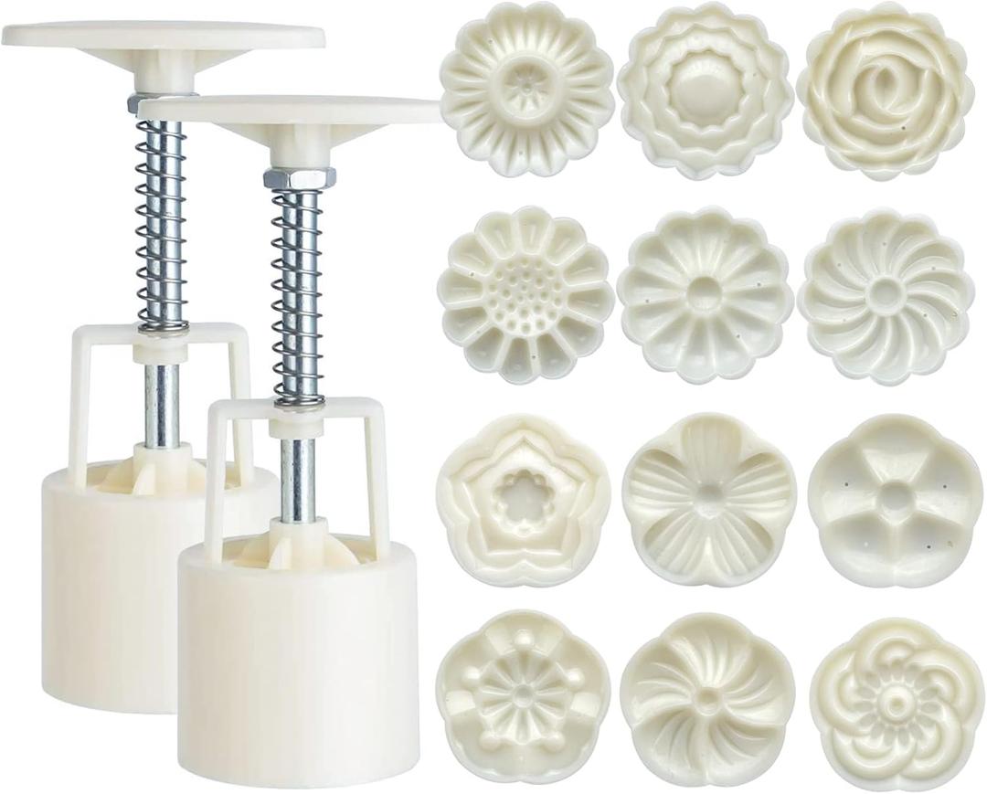 Moon Cake Mould Set,Includes12 pcs Sakura flower pattern base and 2 Pieces Bath Bombs Press,Mid Autumn Festival DIY Hand Press Cookie Stamps Pastry Tool Moon Cake Maker(50g) White L