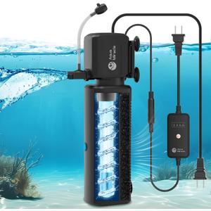 AquaMiracle Aquarium Filter with U - V Light & Filter Sponge, Fish Tank Filter with Timer for Green Water, Turtle Filter with Aeration & Rainfall Mode for Aquarium 60-150 Gallon