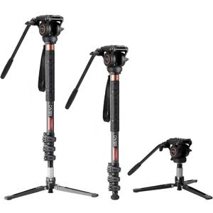 Cayer Monopod Camera Stand, Carbon Fiber Telescopic Monopods Kit with Video Fluid Head and Folding Support Base, 1 Extra Sliding Plate, for DSLR Video Cameras & Camcorders, CF34, 72 Inch