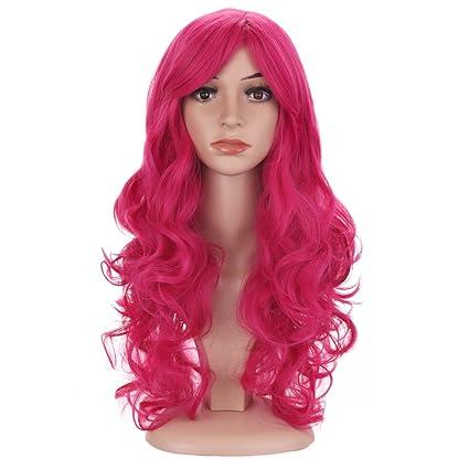 BERON Hot Pink Wig Long Wavy Rose Pink Wig with Bangs for Women Rose Red Wigs Synthetic Wigs with Cap