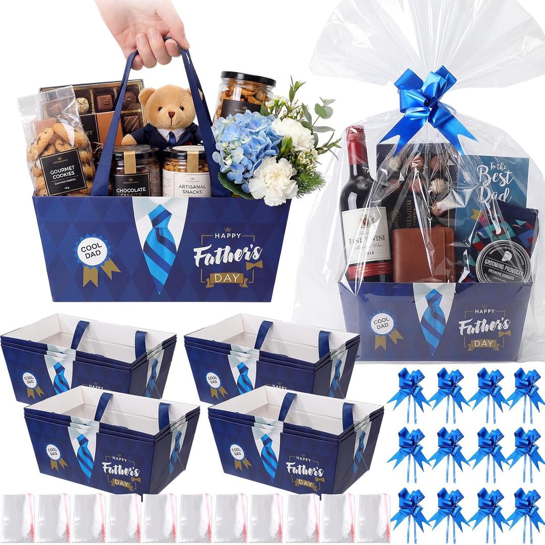 Moinchore 12 Pcs Happy Father's Day Basket for Gifts Empty 9.8 x 6.5'' Blue White Market Tray Cardboard Basket with Bows, Cellophane Bags, Twist Tiles, Empty to Fill for Holiday Birthday Wedding Party