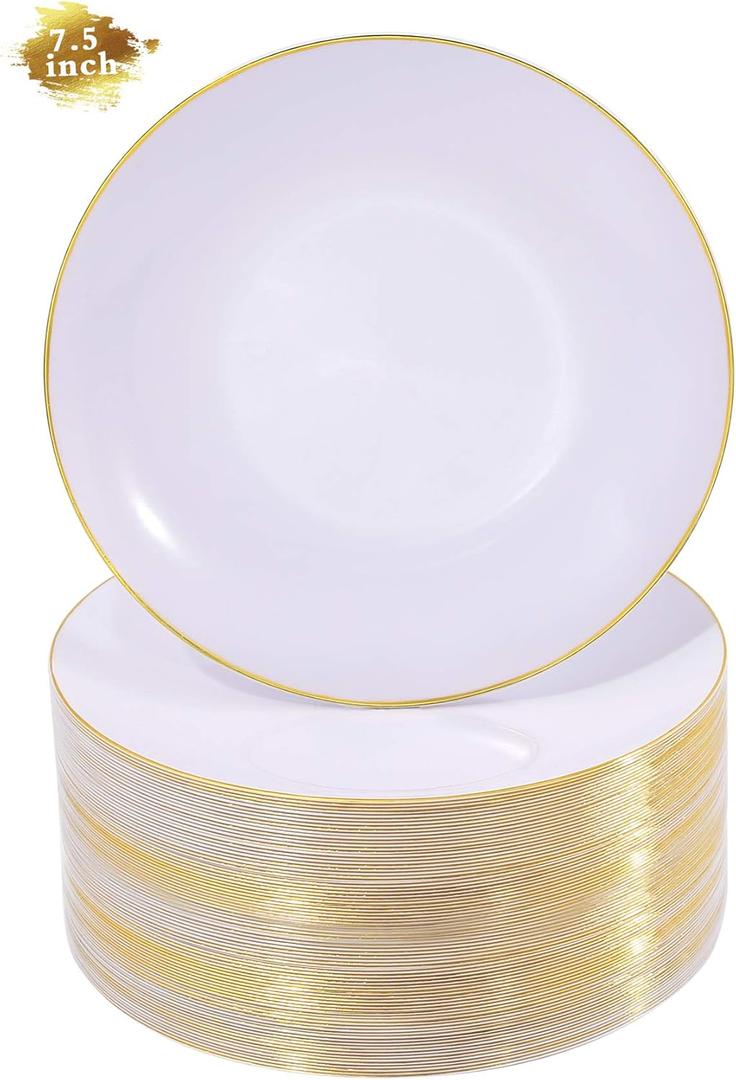 Nervure 100Pieces White with Gold Rim Plastic Plates - 7.5inch Disposable Gold Salad/Dessert Plate - White and Gold Plastic Plates Ideal for Wedding & Party & Father's Day