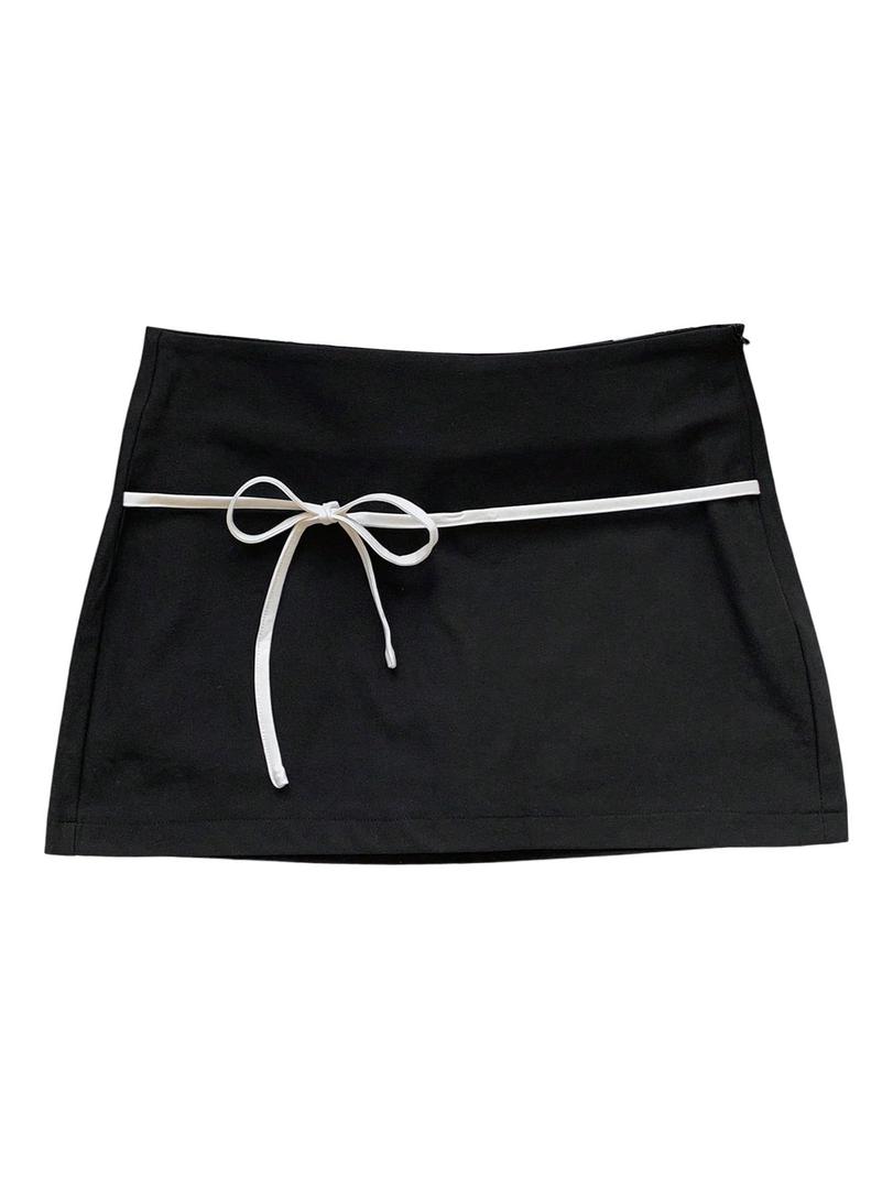 SOLY HUX Women's Bow Tie Front Mini Skirt Y2k Low Rise Bodycon Going Out Summer Skirts with Shorts Underneath Solid Black Small