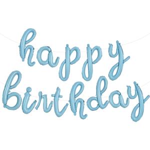 TONIFUL Happy Birthday Banner, Cursive Balloons, Light Blue Mylar Foil Birthday Decorations for Kids and Adults