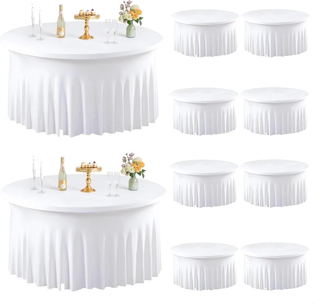10 Pack White Round Spandex Tablecloth for 60inch Tables, 120 Inch Stretchy Fitted 5FT Round Table Clothes Wrinkle Free Washable Table Covers Skirt for Wedding Birthday Party Dining Banquet