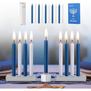 Meonum Folding Travel Chanukah Menorah with Candle Set, Foldable Hanukkah Menorah with 10 Blue and White Candles, Satin Silver, Fits Standard 0.3 in Hanukkah Candles, for All 8 Nights of Chanukah