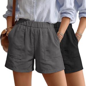 Neer 2 Pack Women's Linen Shorts Elastic Waist Casual Comfy Summer Pull on Beach Shorts with Patch Pocket(Gray, Black,Small)
