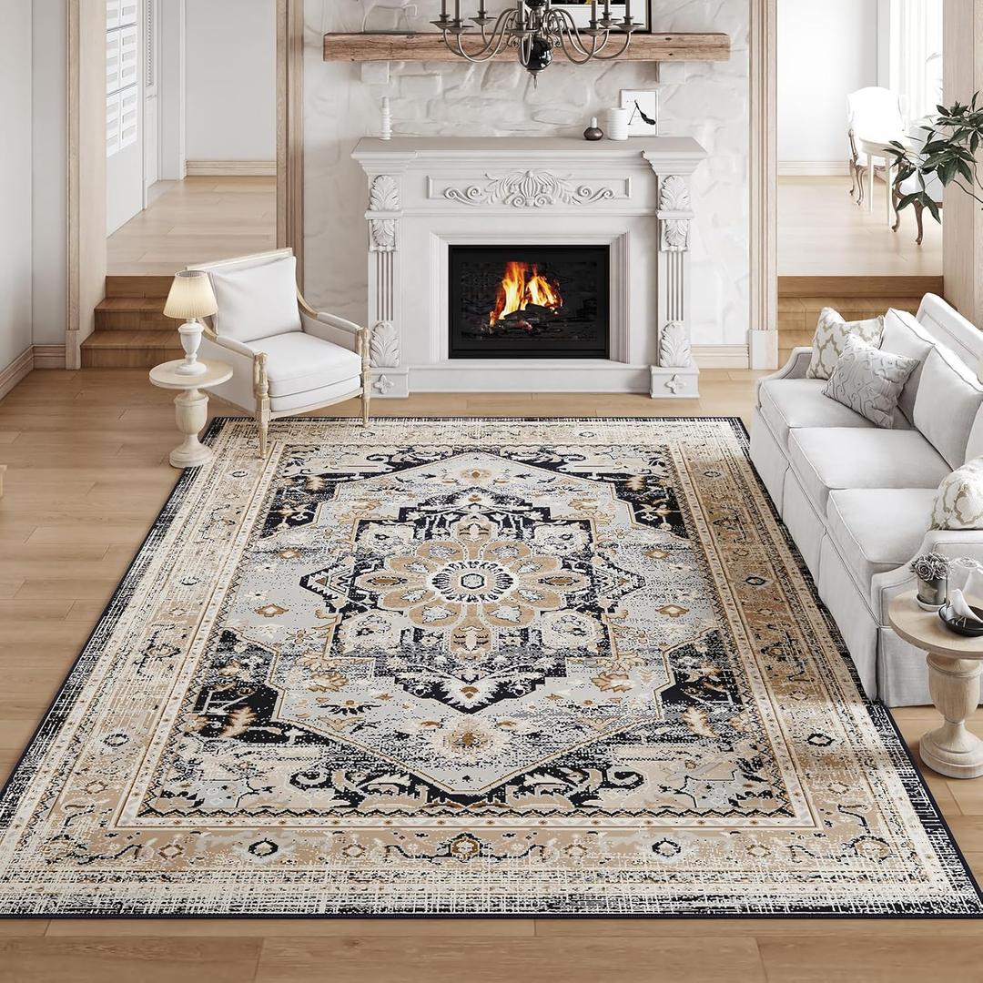 VK VKLIVING Machine Washable Rug 8'x10' Vintage Design Washable Area Rugs with Non Slip Rugs for Living Room Bedroom Traditional Woven Rug Carprt Stain Resistant, Dining Office Boho Rug, Brown&Black