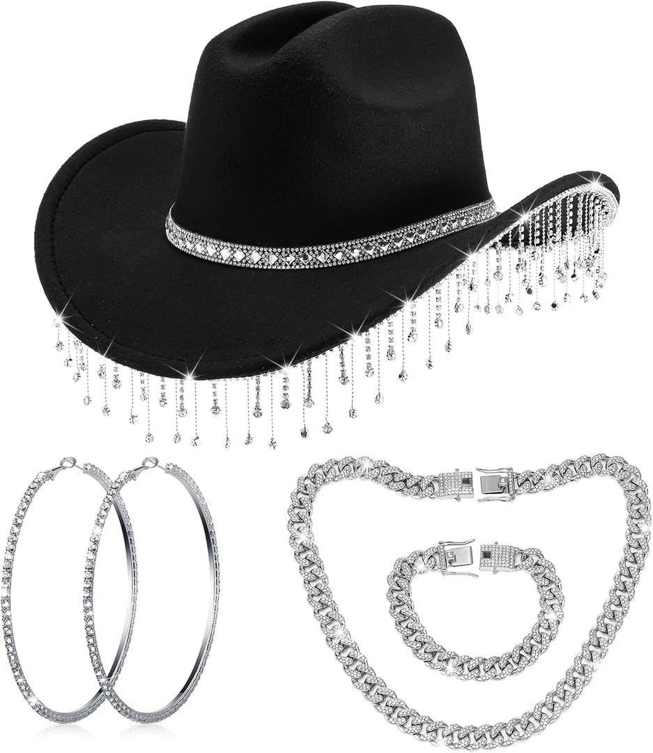 Hercicy Cowgirl Outfit for Women Western Rhinestone Cowboy Hat with Bling Silver Link Chain Necklace Bracelet Circle Earring (Black)