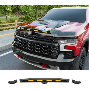 Hood Protector with LED Light Compatible with 2019-2026 Dodge RAM 1500 Hood Deflector Glossy Black Three Section Lightshield Replacement for 2019-2026 Dodge RAM Accessories