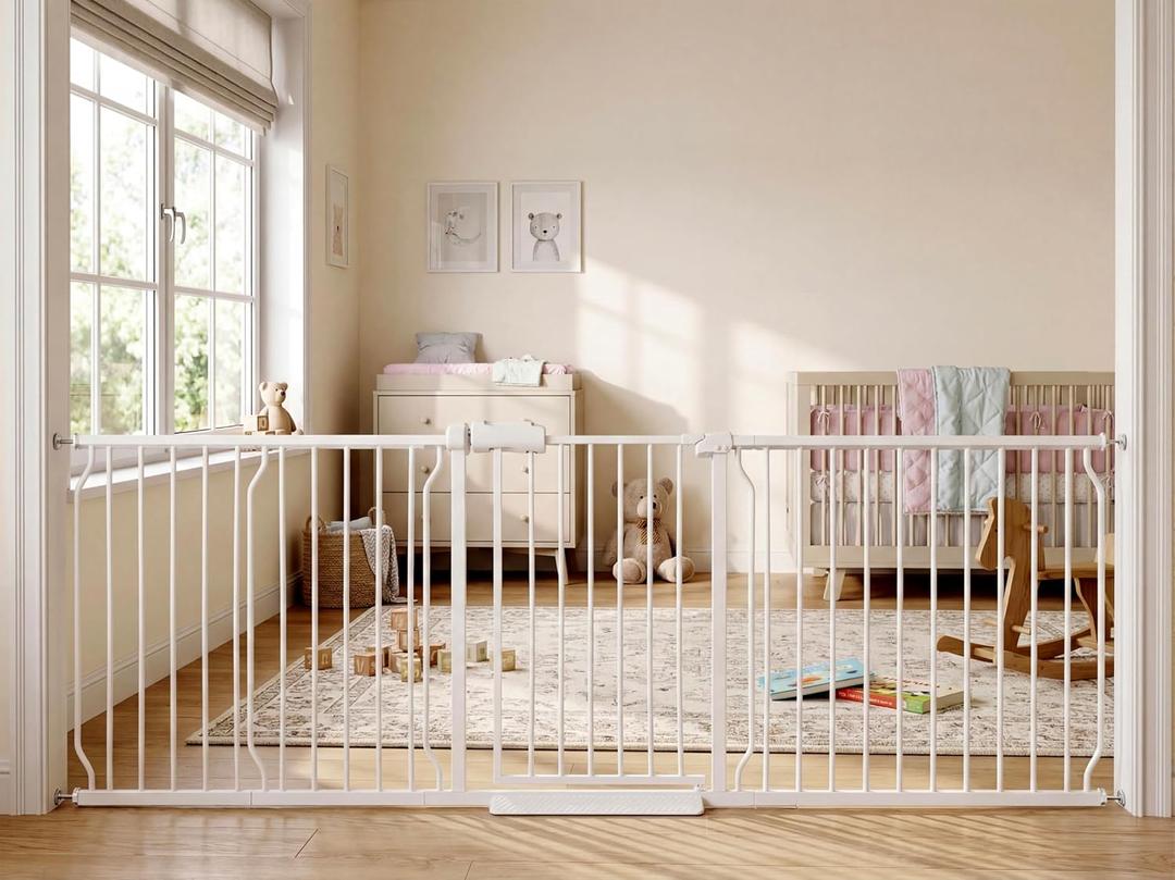 Extra Wide Baby Gate 85.8-90.5 Inch, Pressure Mounted No Drilling, for Stairs & Doorways, Metal White Indoor Safety Gate for Kids and Dogs