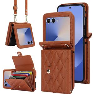 XIMAND for Samsung Galaxy Z Flip 7 Accordion Crossbody Wallet Case, 4 Card Slots, RFID Blocking, and Adjustable Strap - Stylish and Versatile Accessory.(Brown)