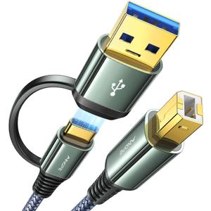 AINOPE Printer USB Cable 10 Feet Grey, A&C to B 2.0 for MacBook Pro, MIDI New-Nylon Braided for Yamaha Casio Digital Piano MIDI Controller