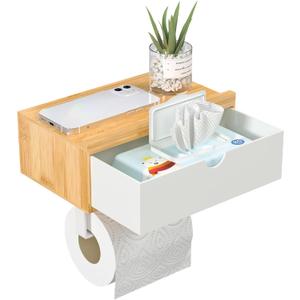 Domax Toilet Paper Holder with Shelf,Wall Mount/Adhesive Bathroom Toilet Paper Holder,Bamboo Wood Tissue Toilet Roll Holder with Storage Drawer for Organizer Wipes,Fits Any Room, Bamboo+White, Large
