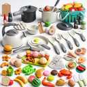 130Pcs Kitchen Playset, Toddler Pretend Cooking Play Pots, Pans, Utensils Cookware, Daily Food Fruit Veges, Shopping Storage Basket, Dessert, Prop Money, Learning Gift for Child (White)