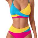YELAIVP High Waisted Bikini Sets for Women V Neck Bathing Suit for Women Tummy Control Two Piece Swimsuits Swimwear (Large, 182 Blue Yellow Rose Red)