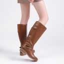 Women's Slouchy Knee High Boots Low Heel Comfort Round Toe Tall Calf Flat Riding Combat Boots for Women. (8.5, Tan Pu 113)
