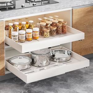 1 Pack Pull Out Cabinet Organizer, Expandable Width (12.2"-20.4") x 21'' Deep Slide Out Drawers for Kitchen Pantry Bathroom Cabinets, Load-Bearing Upgrade 3 Slide Rails Fixed with Adhesive Nano Film (White)