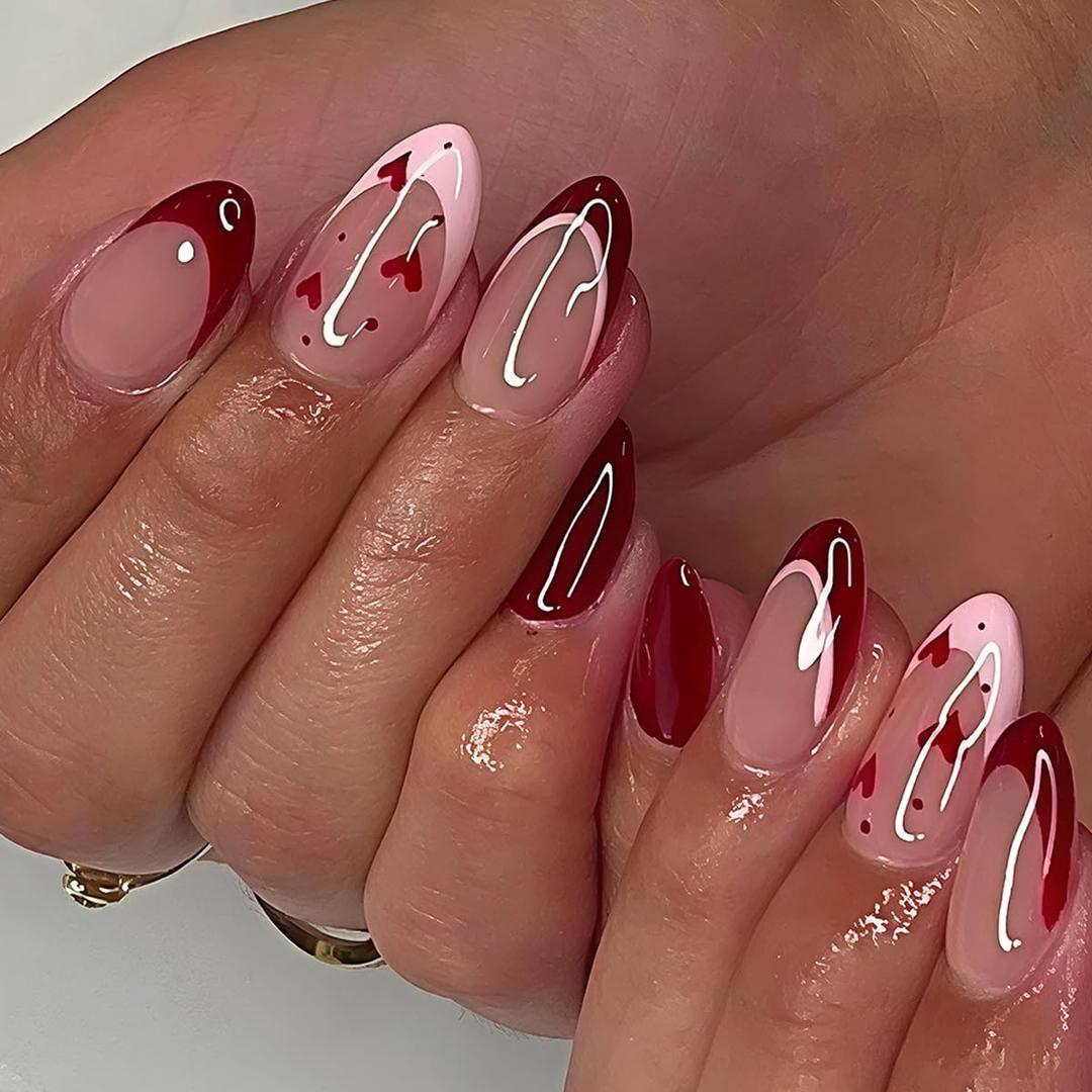 Valentines Press on Nails - Medium Almond Fake Nails Press ons with Heart Design, Cute Valentines Nails Red French False Nails Glossy Full Cover Valentines Day Glue on Nails for Women Manicure 24Pcs (Style-5)