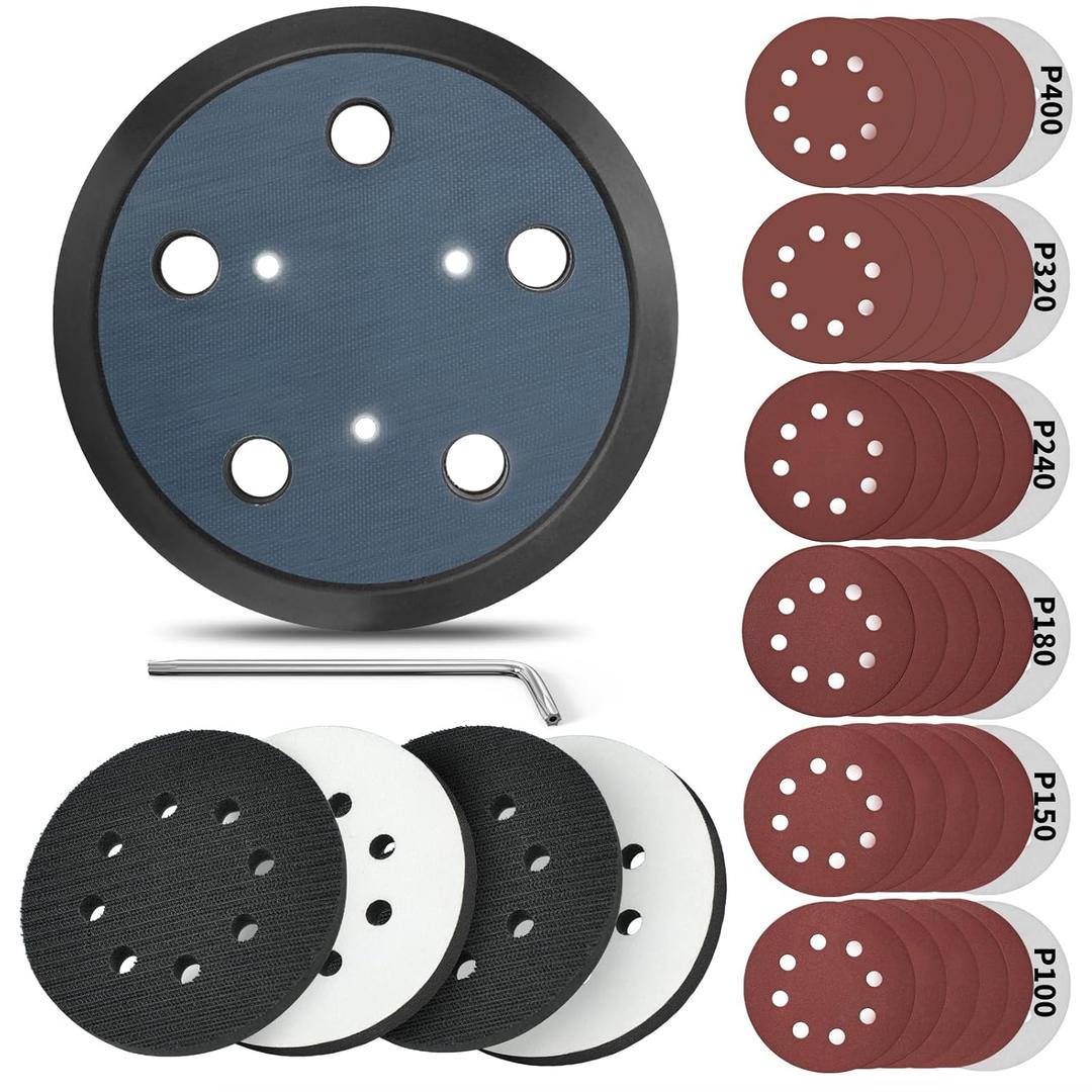 5 Inch 5 Holes Hook Loop Orbital Sander Metal Pad Replacement for Porter Cable 332 333VS 334 Random Sander with 4 PCS Foam & 36 PCS Sanding Discs 100 150 180 240 320 400 Grits