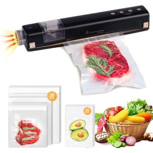 Vacuum Sealer with 40 Bags, 2 IN 1 Full Automatic Handheld and Countertop Sealer for Dry Moist Food, Built-in Magnetic Base&Cutter, for Sous Vide and Mason Jars, Viewing Tank, Compact, Black