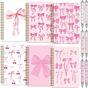 6 Pack A5 Pink Bow Spiral Notebooks Coquette Bow Preppy Journal Cute Aesthetic Hardcover Ruled Notebooks with Ballpoint Pens for Office School Day Classroom Prize, 5. 8 x 8. 3 Inch