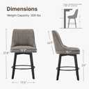 24" Counter Height Bar Stools Set of 2, Swivel Bar Stools with Backs, Fabric Upholstered Counter Barstools with Solid Wood Legs for Kitchen Island,Grey