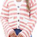 Saodimallsu Womens Striped Cardigan Sweaters Cropped Fall Button Open Front Long Sleeve Knit Sweater Coat with Pockets L