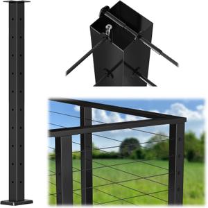 Muzata Black Corner Cable Railing Post 36 Inch 36"x2"x2" T-drilled One-Post Corner Solution Surface Mount Stainless Steel Cable Railing System Kit Indoor Outdoor with Paper User Guide PS02 B34S