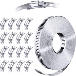 304 Stainless Steel Hose Clamp Assortment Kit DIY, Cut-To-Fit 35 FT Metal Strap+16 Stronger Fasteners, Large Adjustable Worm Gear Hose Clamps Screw Clamps Duct Pipe Metal Clamp Strapping