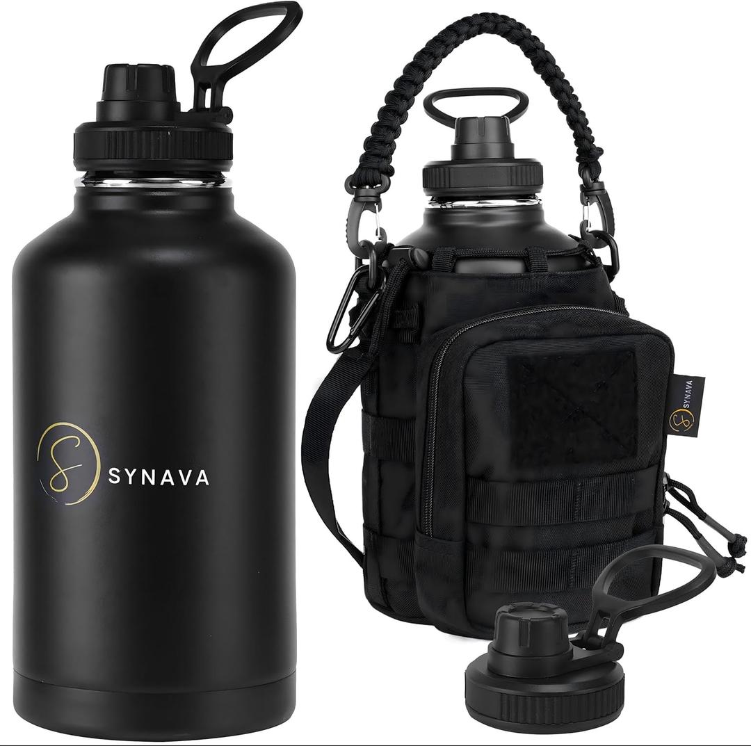 64 Oz Water Bottle with Sleeve - Half Gallon Big Insulated Water Jug with Strap Stainless Steel Gym Water Bottles for Men Sports Workout Hiking & Travel (Black)