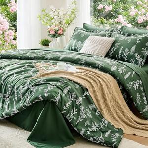 MUXHOMO Dark Green Bed in a Bag Queen 7 Pieces, Queen Comforter Set Reversible Botanical Flowers Design, Ultra Soft & Breathable Bedding Sets with Comforter, Sheets, Pillowcases & Shams