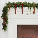 Dingion 1 Pcs 6 ft Christmas Cedar Garland with 24 Velvet Bow Faux Realistic Green Cedar Garland Winter Pine Decoraiton for Mantle Fireplace Wall Table Indoor Outdoor