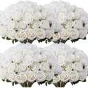 100 PCS Fake White Roses, Artificial Flowers Bulk Realistic Silk Faux Ivory Rose with Stems for Wedding Decorations Table Centerpieces Bridal Bouquet DIY Floral Arrangement Event Party Home Decor