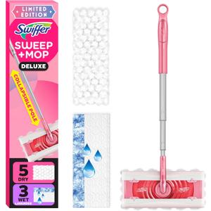 Swiffer Sweep and Mop Deluxe, Limited Edition Pink Wicked: for Good, 2-in-1 Floor Mopping and Sweeping Kit, 1 Sweeper Device, 5 Heavy Duty Dry Sweeping Cloths, 3 Heavy Duty Wet Mopping Cloths