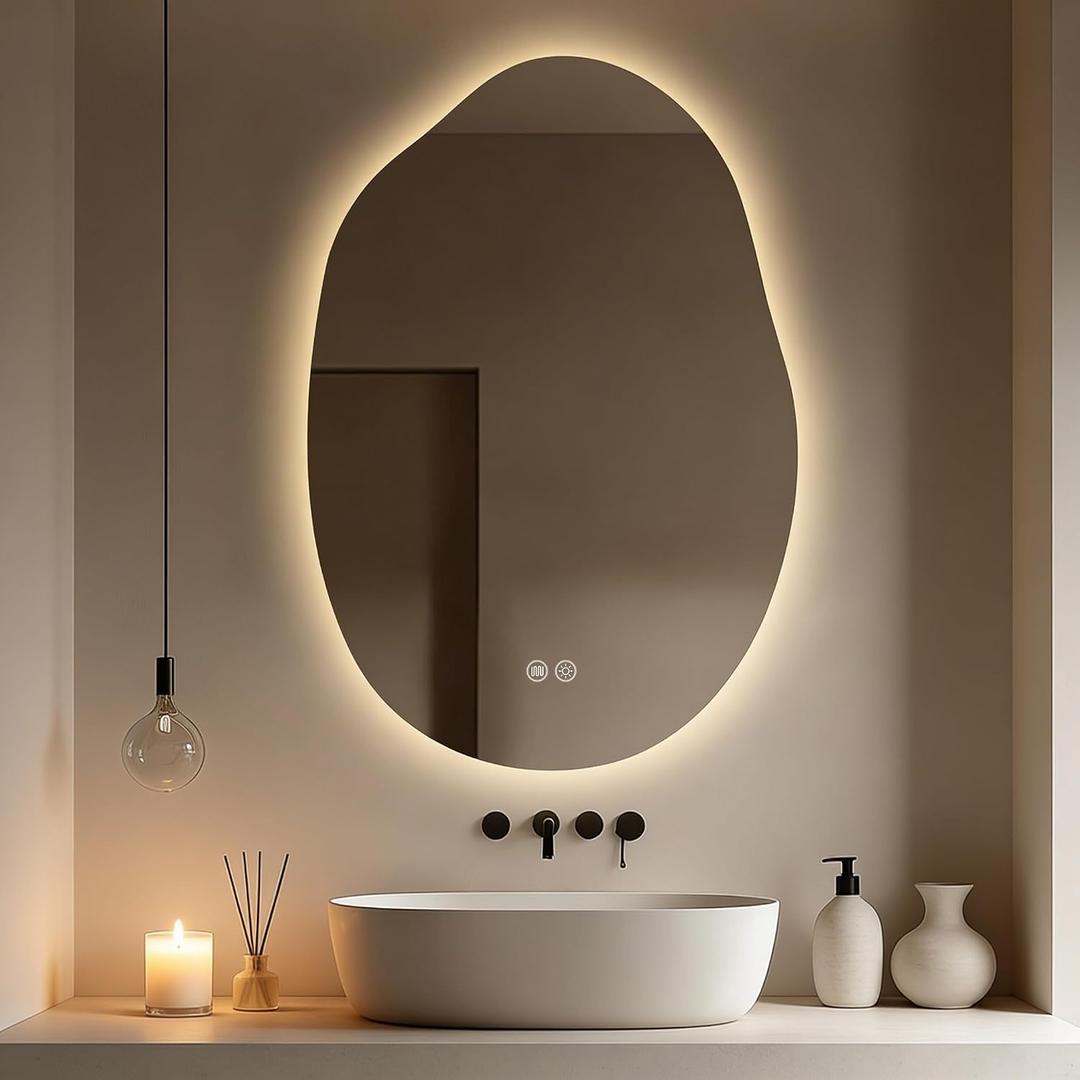 LED Bathroom Mirror with Lights, 22x32 Inch LED Bathroom Vanity Mirror Irregular Backlit Mirror for Bathroom with 3 Colors, Dimmable, Anti-Fog, Memory, Al-Alloy Lampshade (Horizontal/Vertical)