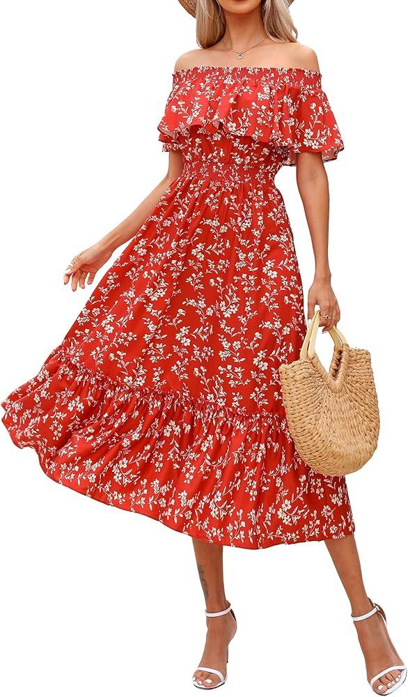 Prettywear Women's 2025 Spring Summer Boho Off Shoulder Midi Dress Floral Short Sleeve A Line Casual Beach Vacation Dresses XS