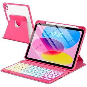 Case with Keyboard for iPad A16 11th 10th Generation 11/10.9 inch,Rainbow Backlit Detachable Keypad Rotatable Magnetic Cover with Pencil Holder for iPad 11 2025 10 Gen 2022 Watermelon Red