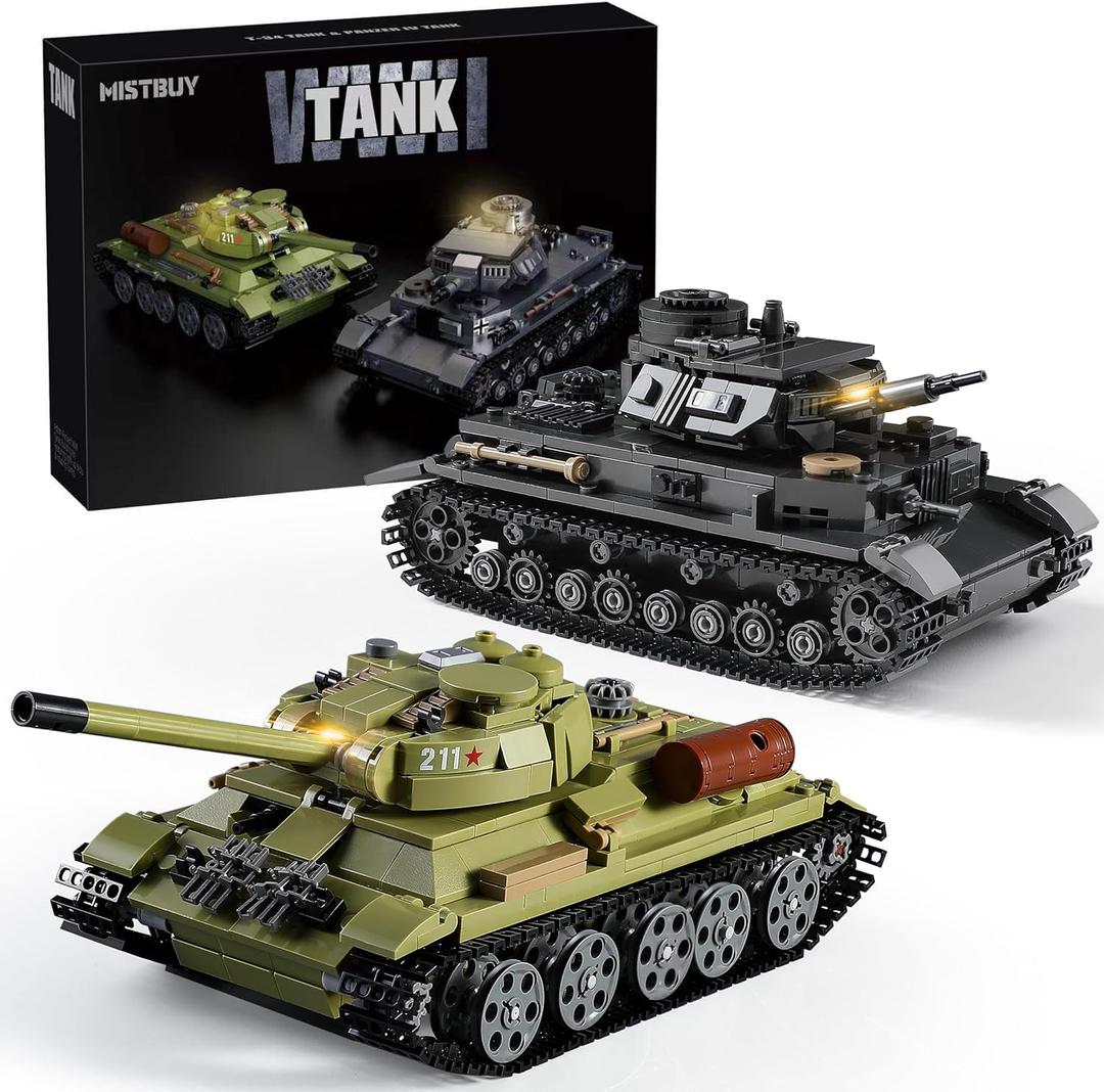 WW2 Army Tank Building Sets with Lights, Panzer IV & T-34 Military Tanks Model Kit Compatible with Lego, Great Army Toys Gift for Military Fans, Boys Kids Ages 8+ & Adults (1201 Pieces)