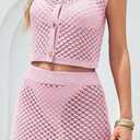 Fisoew Womens Crochet Swimsuit Cover Ups 2 Piece Sleeveless Button Down Crop Tops Mini Skirt Sets Beach Vacation Outfits (Small, Pink)