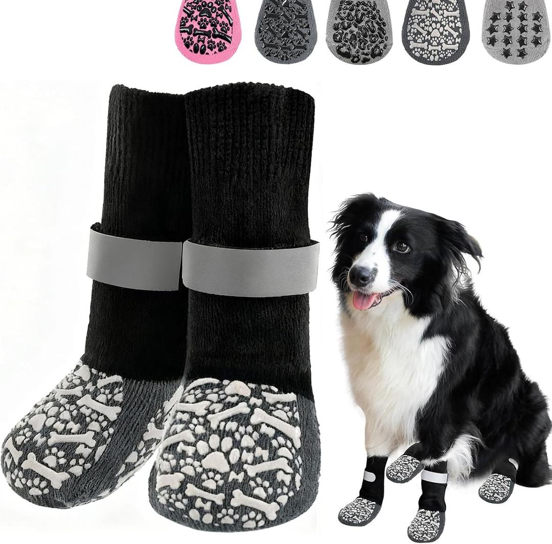 HeavenEye Anti Slip Dog Socks, Dog Paw Protectors Maximum Grip Prevent Licking Paws Slipping, Paw Protector for Hot & Cold Pavement Shoes Boots for Dogs(White Bone, XS) (4 pcs)