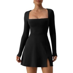 QINSEN Womens Square Neck Bodice Dress Long Sleeve Side Slit Flare Mini Dresses (X-Large, Black)