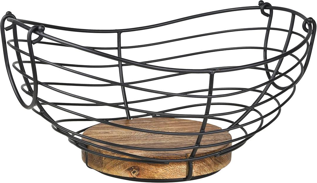 Modern Farmhouse Fruit Basket for Kitchen Counter, Vintage Wire and Wooden Base Fruit Bowl for Kitchen Decor, Fruit & Vegetables Storage Basket/Bowl