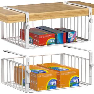 AmonHouseware 2Pack Under Shelf Basket Organizer,Adjustable Hanging Holder Storage for Cabinet Pantry Kitchen Cupboard Desk Counter Bookshelf Organization Add-on Space Saver Heavy Duty Slide-in,White (Large)