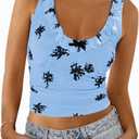Tankaneo Womens Ruffle Deep V Neck Tank Tops Summer Sexy Floral Print Sleeveless Fitted Shirts Trendy Y2k Going Out Crop Tops (Blue, L)