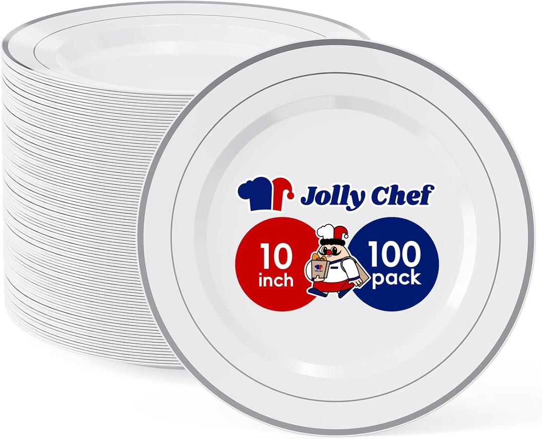 JOLLY CHEF 100 Pieces Silver Plastic Plates, 10 Inch Disposable Plates White Plate with Silver Rim, Heavy Duty Plastic Plates for Christmas, Birthdays and Weddings